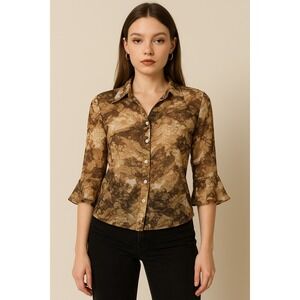 Essentials  Brown Beige Lace Print Blouse Size L Sheer Ruffle Romantic Y2K Retro